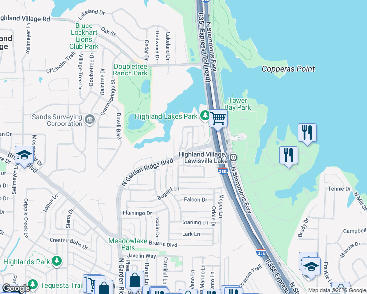 map of restaurants, bars, coffee shops, grocery stores, and more near 2303 Balleybrooke Drive in Lewisville