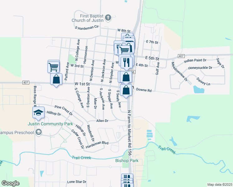 map of restaurants, bars, coffee shops, grocery stores, and more near 204 Sealy Avenue in Justin