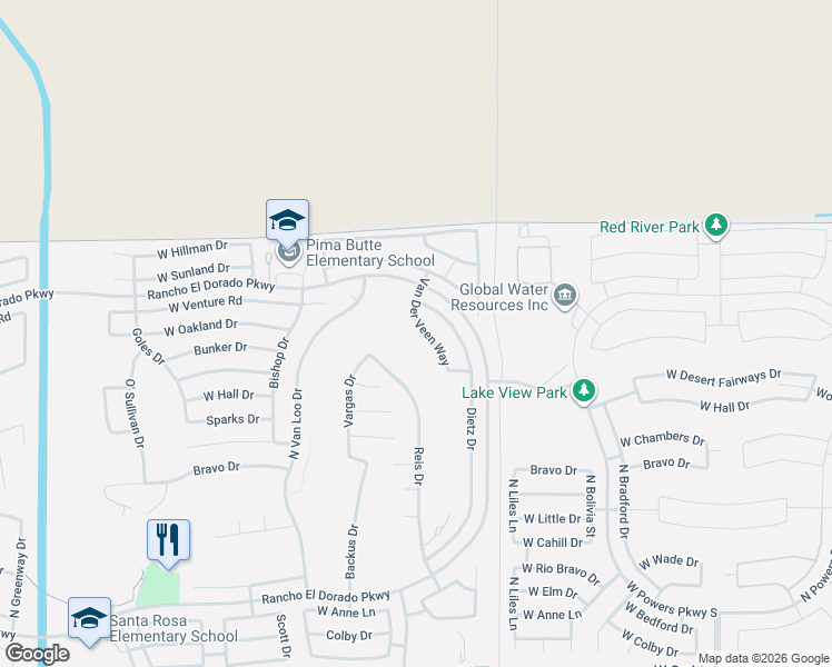 map of restaurants, bars, coffee shops, grocery stores, and more near 22427 Van Der Veen Way in Maricopa