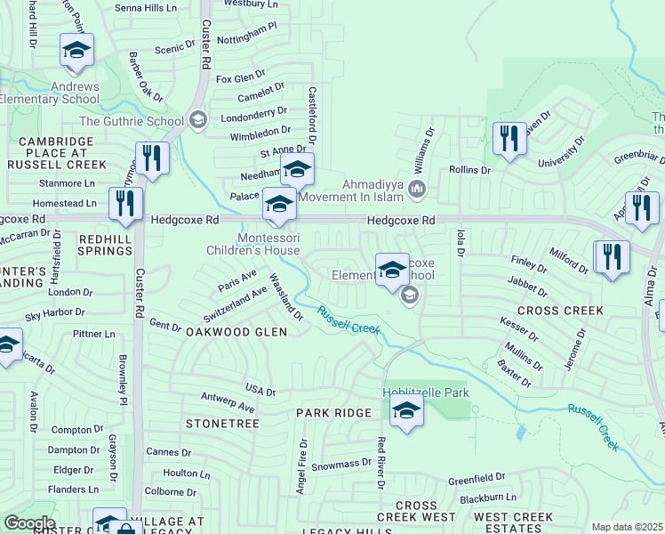 map of restaurants, bars, coffee shops, grocery stores, and more near 7808 Pennington Court in Plano