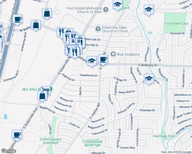 map of restaurants, bars, coffee shops, grocery stores, and more near 554 Hawthorne Drive in Allen