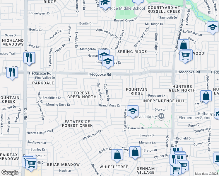map of restaurants, bars, coffee shops, grocery stores, and more near 3420 Black Canyon Drive in Plano