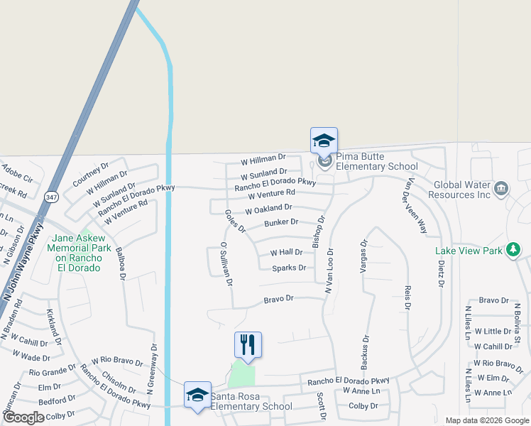 map of restaurants, bars, coffee shops, grocery stores, and more near 42545 West Oakland Drive in Maricopa