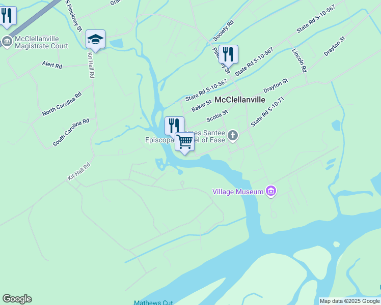 map of restaurants, bars, coffee shops, grocery stores, and more near 9 Oak St in McClellanville