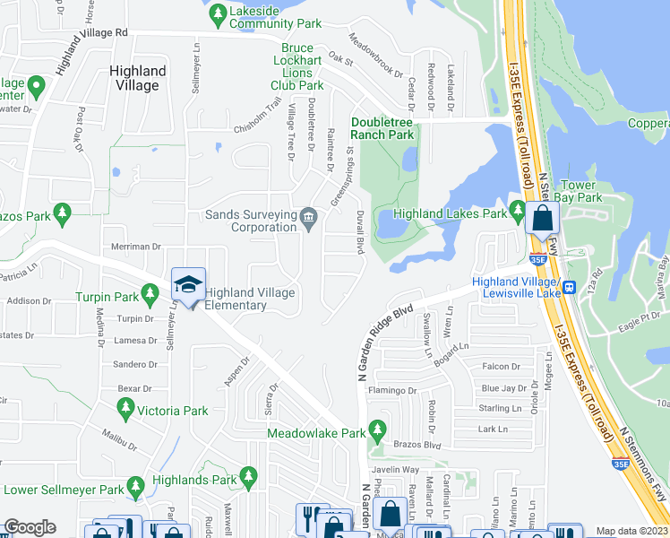 map of restaurants, bars, coffee shops, grocery stores, and more near 309 Singletree Street in Highland Village