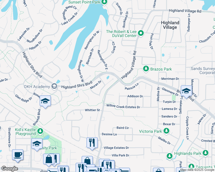 map of restaurants, bars, coffee shops, grocery stores, and more near 444 Moran Drive in Highland Village