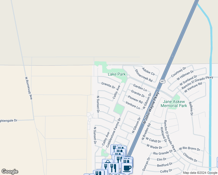 map of restaurants, bars, coffee shops, grocery stores, and more near 44561 Granite Drive in Maricopa