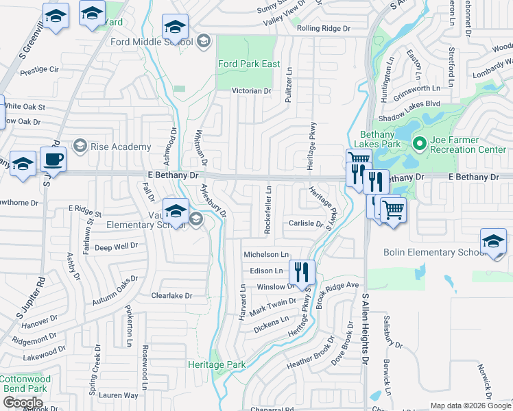map of restaurants, bars, coffee shops, grocery stores, and more near 814 Rockefeller Lane in Allen