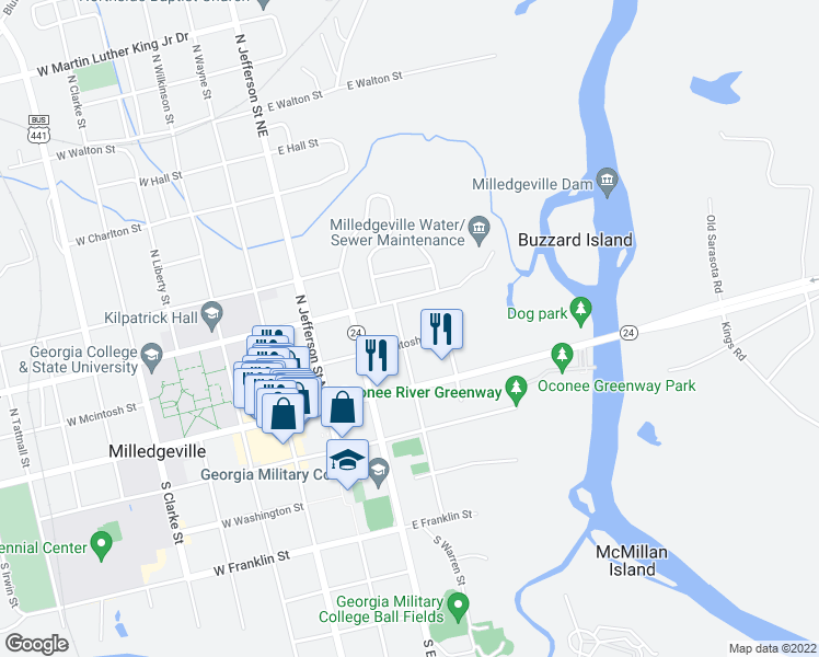 map of restaurants, bars, coffee shops, grocery stores, and more near 221 North Warren Street in Milledgeville
