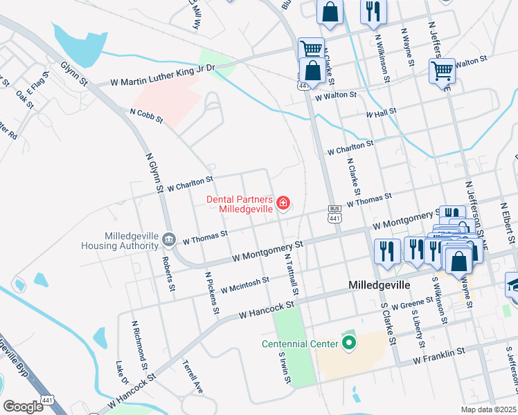 map of restaurants, bars, coffee shops, grocery stores, and more near 730 W Habersham St in Milledgeville