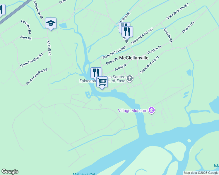 map of restaurants, bars, coffee shops, grocery stores, and more near 9 Oak Street in McClellanville