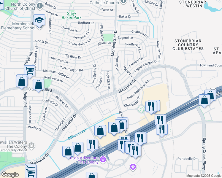 map of restaurants, bars, coffee shops, grocery stores, and more near 6300 High Cliff Drive in The Colony