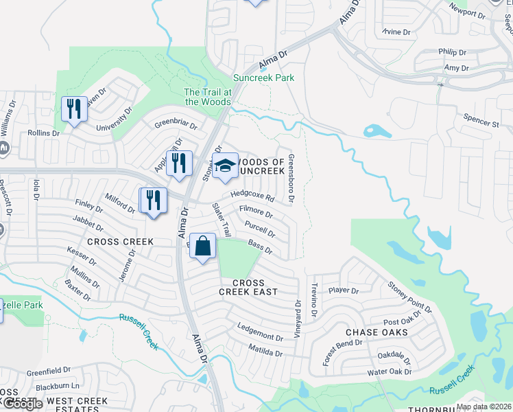 map of restaurants, bars, coffee shops, grocery stores, and more near 920 Filmore Drive in Plano