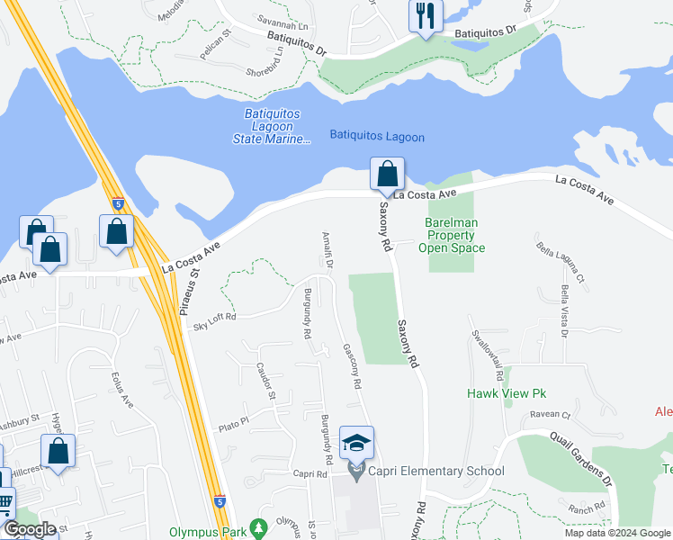 map of restaurants, bars, coffee shops, grocery stores, and more near 1801 Amalfi Drive in Encinitas
