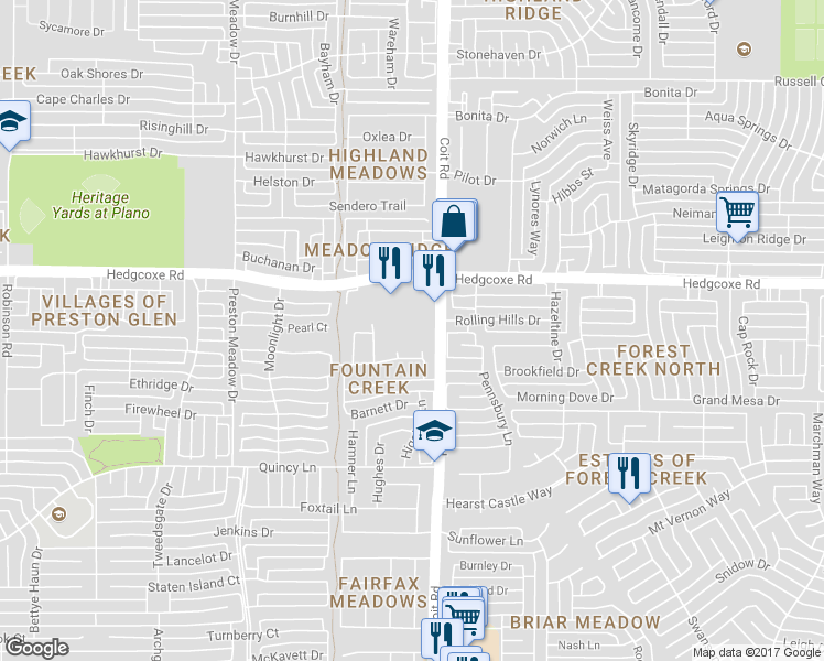 map of restaurants, bars, coffee shops, grocery stores, and more near 7801 Coit Road in Plano