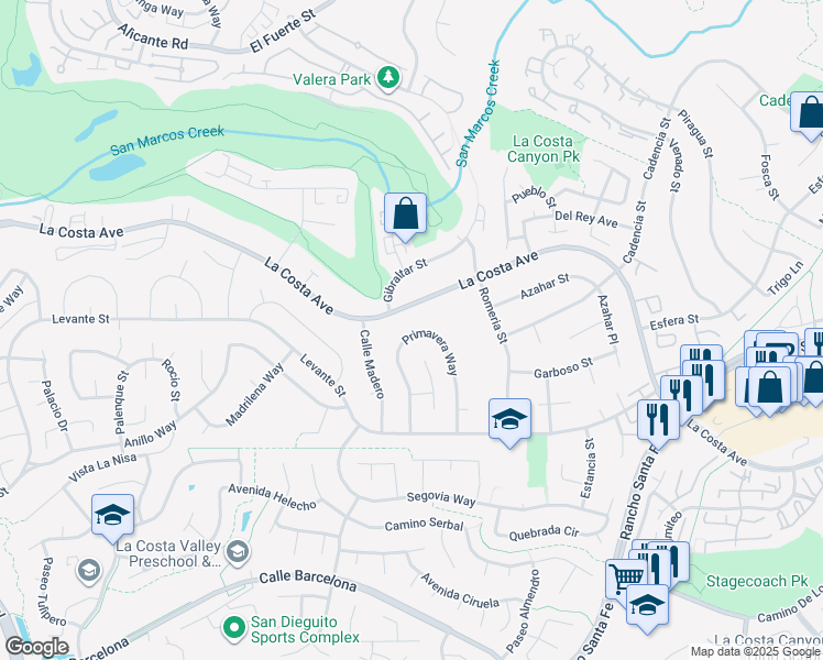 map of restaurants, bars, coffee shops, grocery stores, and more near 7603 Primavera Way in Carlsbad