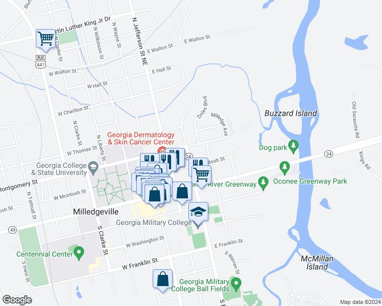 map of restaurants, bars, coffee shops, grocery stores, and more near 231 North Elbert Street in Milledgeville