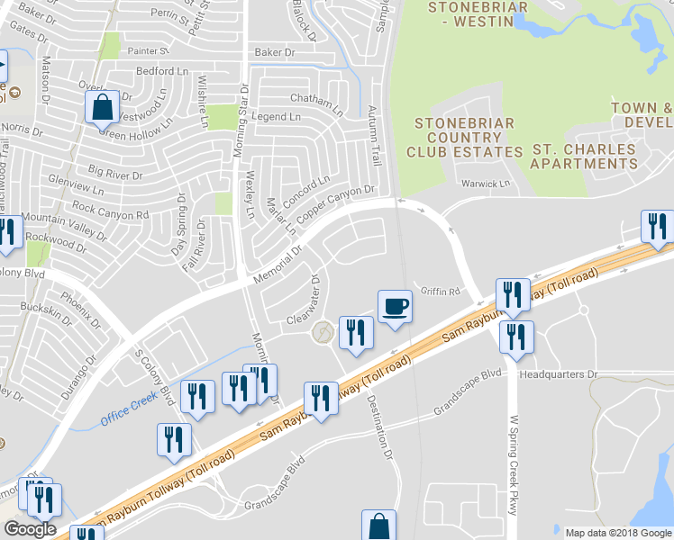 map of restaurants, bars, coffee shops, grocery stores, and more near 5916 Lost Valley Drive in The Colony