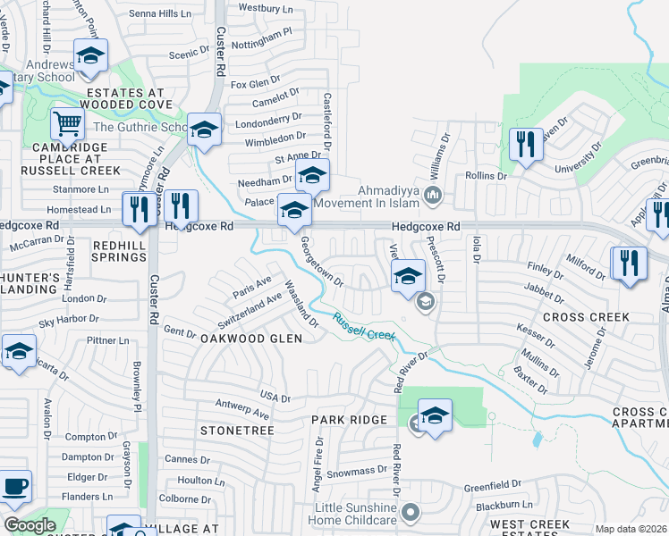 map of restaurants, bars, coffee shops, grocery stores, and more near 7808 Pennington Court in Plano