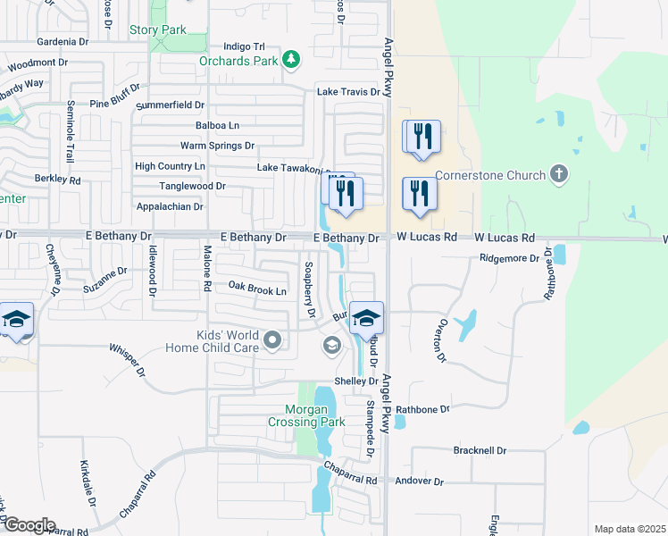 map of restaurants, bars, coffee shops, grocery stores, and more near 815 Water Oak Drive in Allen