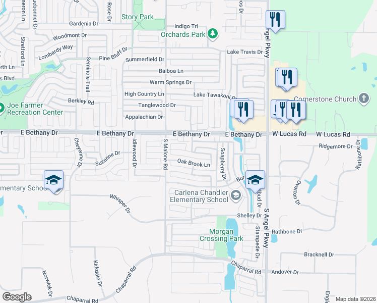map of restaurants, bars, coffee shops, grocery stores, and more near 1618 Mapleleaf Falls Drive in Allen