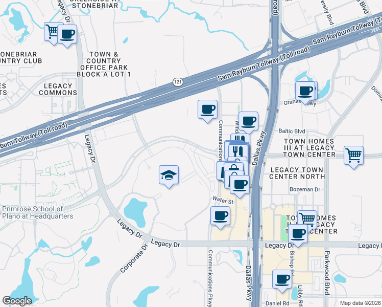 map of restaurants, bars, coffee shops, grocery stores, and more near 7858 Element Ave in Plano