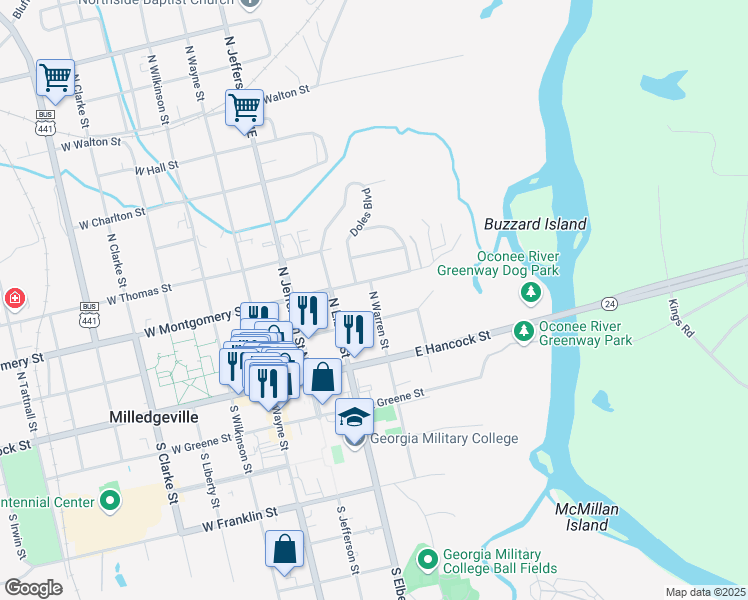 map of restaurants, bars, coffee shops, grocery stores, and more near 230 North Warren Street in Milledgeville