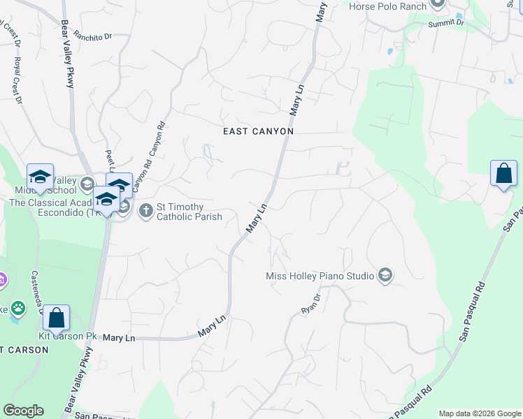 map of restaurants, bars, coffee shops, grocery stores, and more near Mary Lane in Escondido