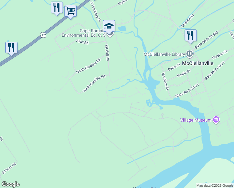 map of restaurants, bars, coffee shops, grocery stores, and more near 724 Kit Hall Road in McClellanville