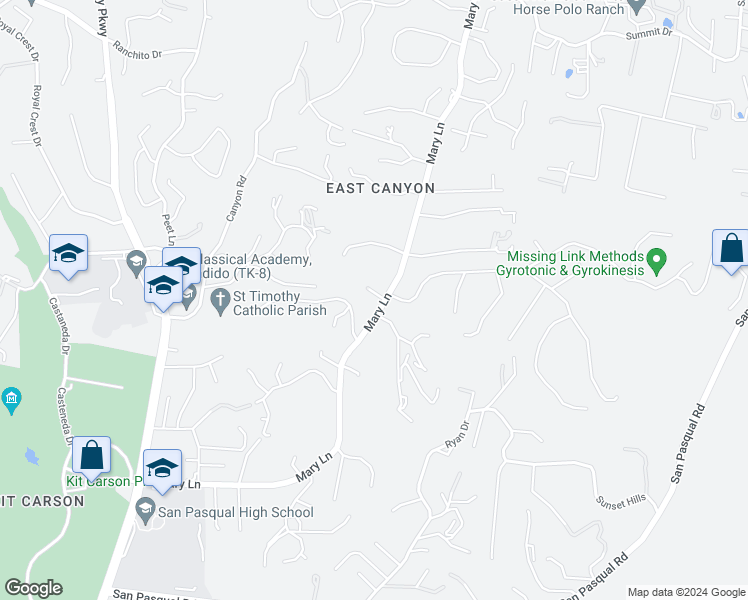 map of restaurants, bars, coffee shops, grocery stores, and more near 3045 Mary Lane in Escondido