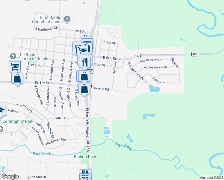 map of restaurants, bars, coffee shops, grocery stores, and more near Downe Road in Justin