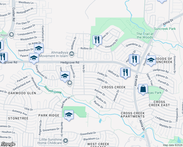 map of restaurants, bars, coffee shops, grocery stores, and more near 1509 Jabbet Drive in Plano