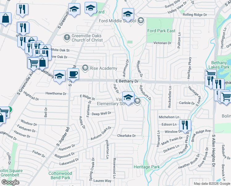 map of restaurants, bars, coffee shops, grocery stores, and more near 816 Fall Drive in Allen