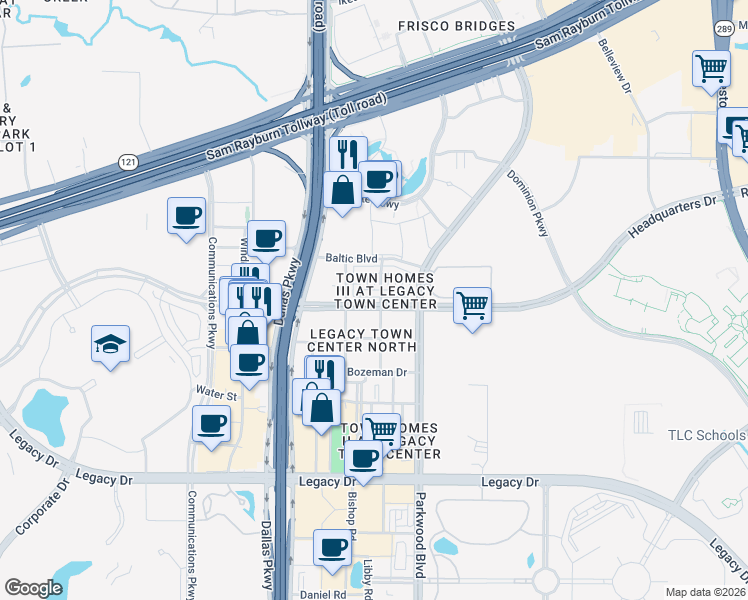 map of restaurants, bars, coffee shops, grocery stores, and more near 5739 Headquarters Drive in Plano