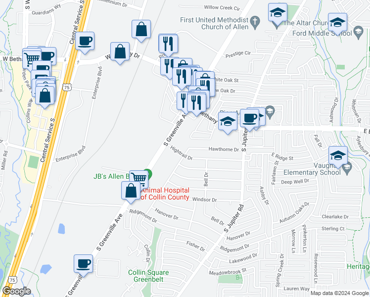 map of restaurants, bars, coffee shops, grocery stores, and more near 826 Hawthorne Drive in Allen