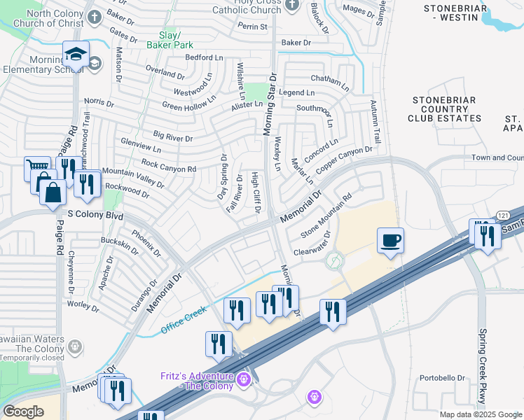 map of restaurants, bars, coffee shops, grocery stores, and more near 6300 High Cliff Drive in The Colony