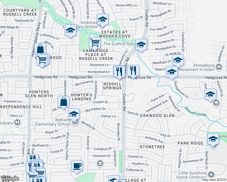 map of restaurants, bars, coffee shops, grocery stores, and more near 2213 Kittyhawk Drive in Plano