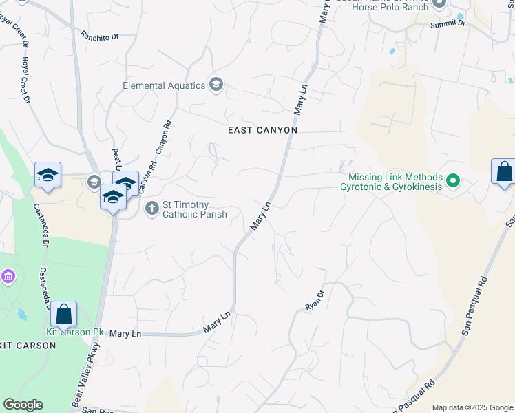 map of restaurants, bars, coffee shops, grocery stores, and more near 3045 Mary Lane in Escondido
