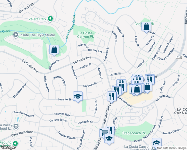 map of restaurants, bars, coffee shops, grocery stores, and more near 3014 Azahar Court in Carlsbad