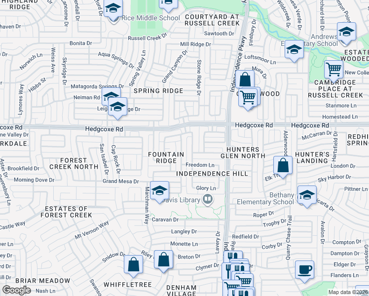 map of restaurants, bars, coffee shops, grocery stores, and more near 7813 Roaring Ridge Drive in Plano
