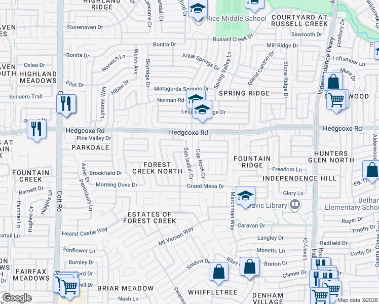 map of restaurants, bars, coffee shops, grocery stores, and more near 7808 San Isabel Drive in Plano