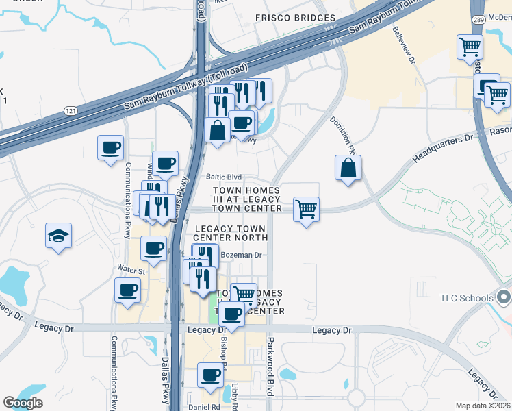 map of restaurants, bars, coffee shops, grocery stores, and more near 5701 Headquarters Drive in Plano