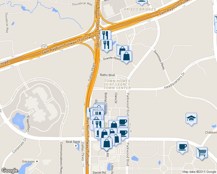 map of restaurants, bars, coffee shops, grocery stores, and more near 7850 Bishop Road in Plano