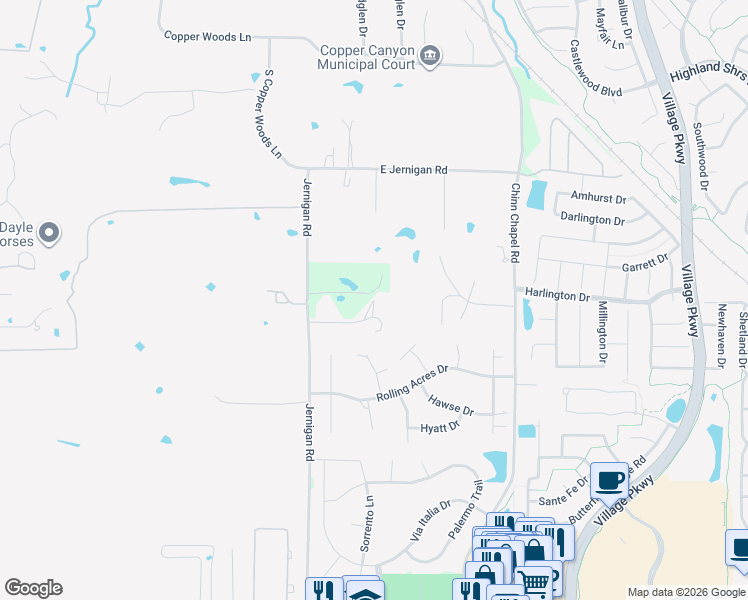 map of restaurants, bars, coffee shops, grocery stores, and more near 575 Dove Trail in Lewisville