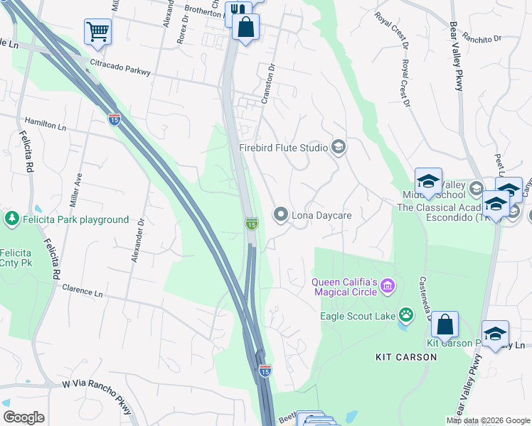 map of restaurants, bars, coffee shops, grocery stores, and more near 2805 Verda Avenue in Escondido