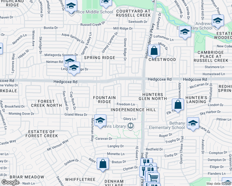 map of restaurants, bars, coffee shops, grocery stores, and more near 7813 Roaring Ridge Drive in Plano