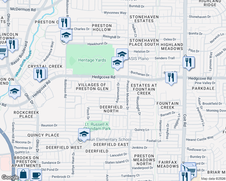 map of restaurants, bars, coffee shops, grocery stores, and more near 7805 Aspermont Drive in Plano
