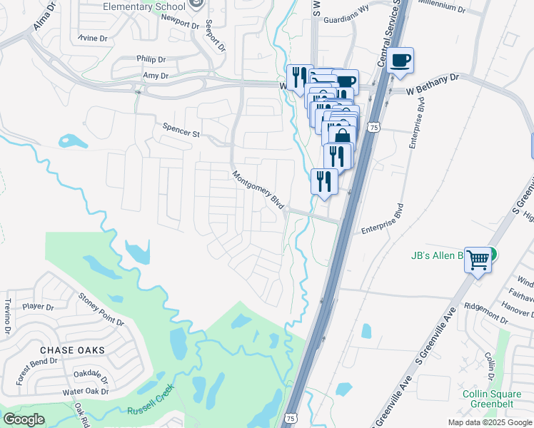 map of restaurants, bars, coffee shops, grocery stores, and more near 1160 Montgomery Place in Allen
