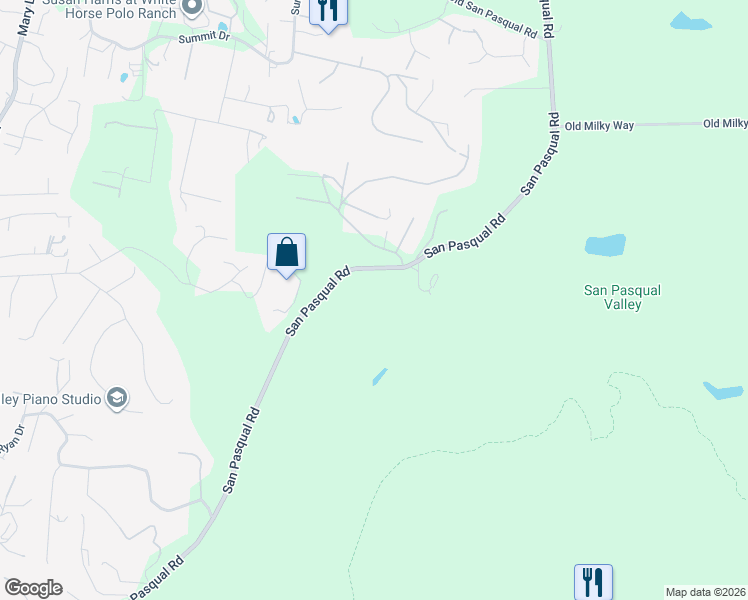 map of restaurants, bars, coffee shops, grocery stores, and more near 3555 San Pasqual Road in San Diego