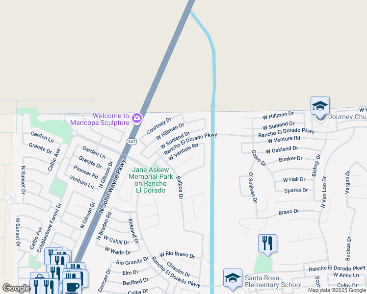 map of restaurants, bars, coffee shops, grocery stores, and more near 43345 Venture Lane in Maricopa